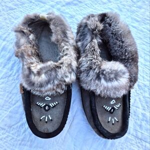 Laurentian Chief Leather Moccasins Slippers Size 7 Women's Suede And Fur